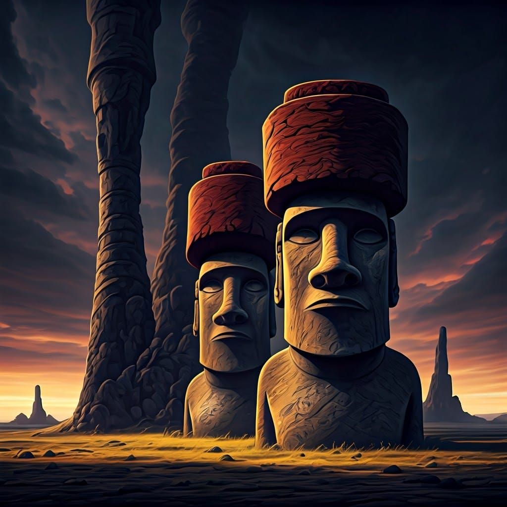 Monochrome Moai Statues in Early 20th-Century Style