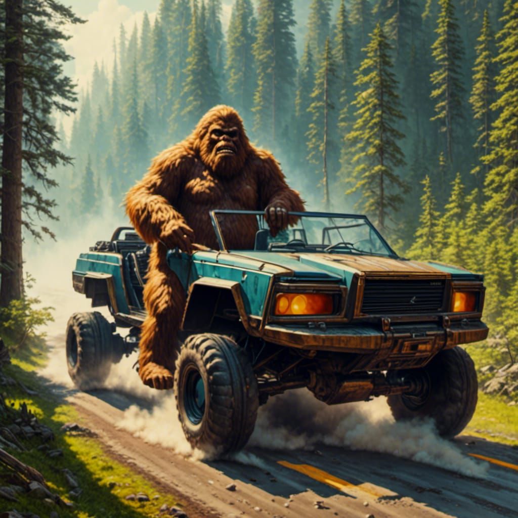 Sasquatch in Leisure Suit Driving a Car