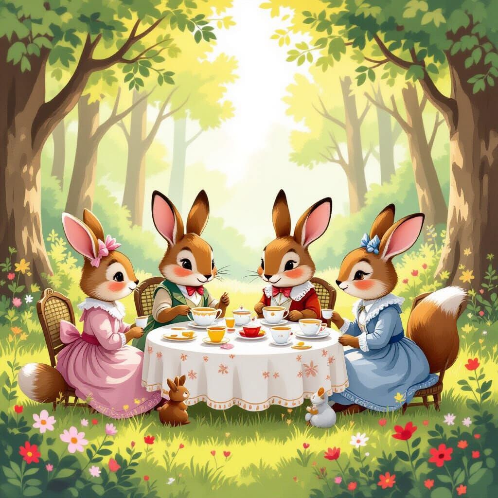 Woodland Creatures Victorian Tea Party Storybook Illustratio...