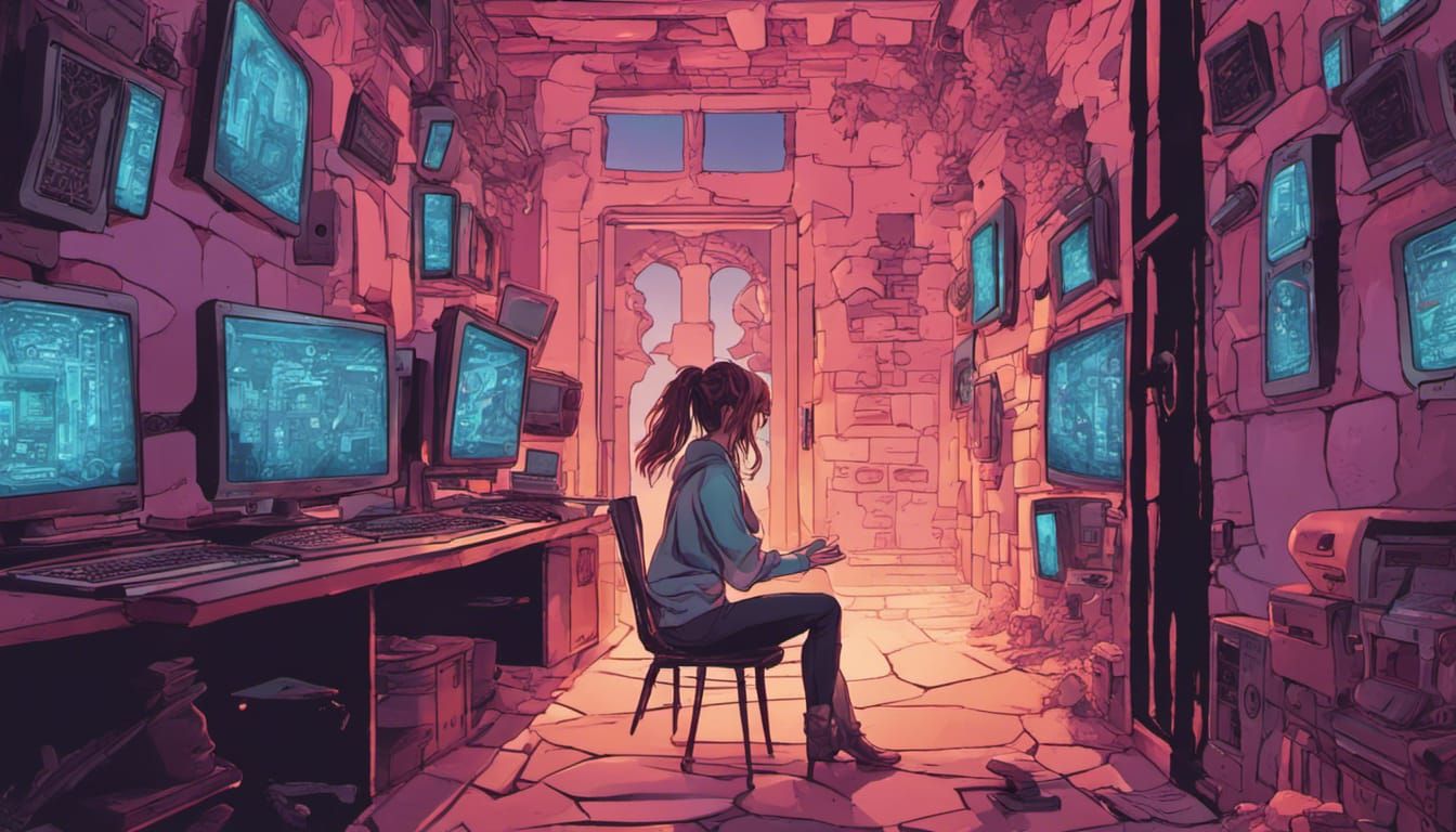 Cyberpunk Castle Interior at Dusk in Cartoon Style