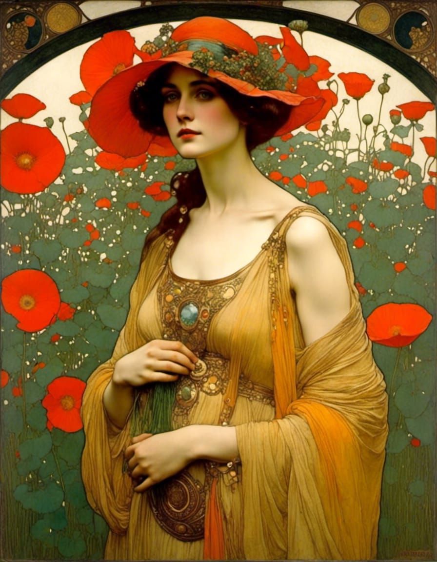 Ethereal Figure in Waterhouse Mucha Klimt Style
