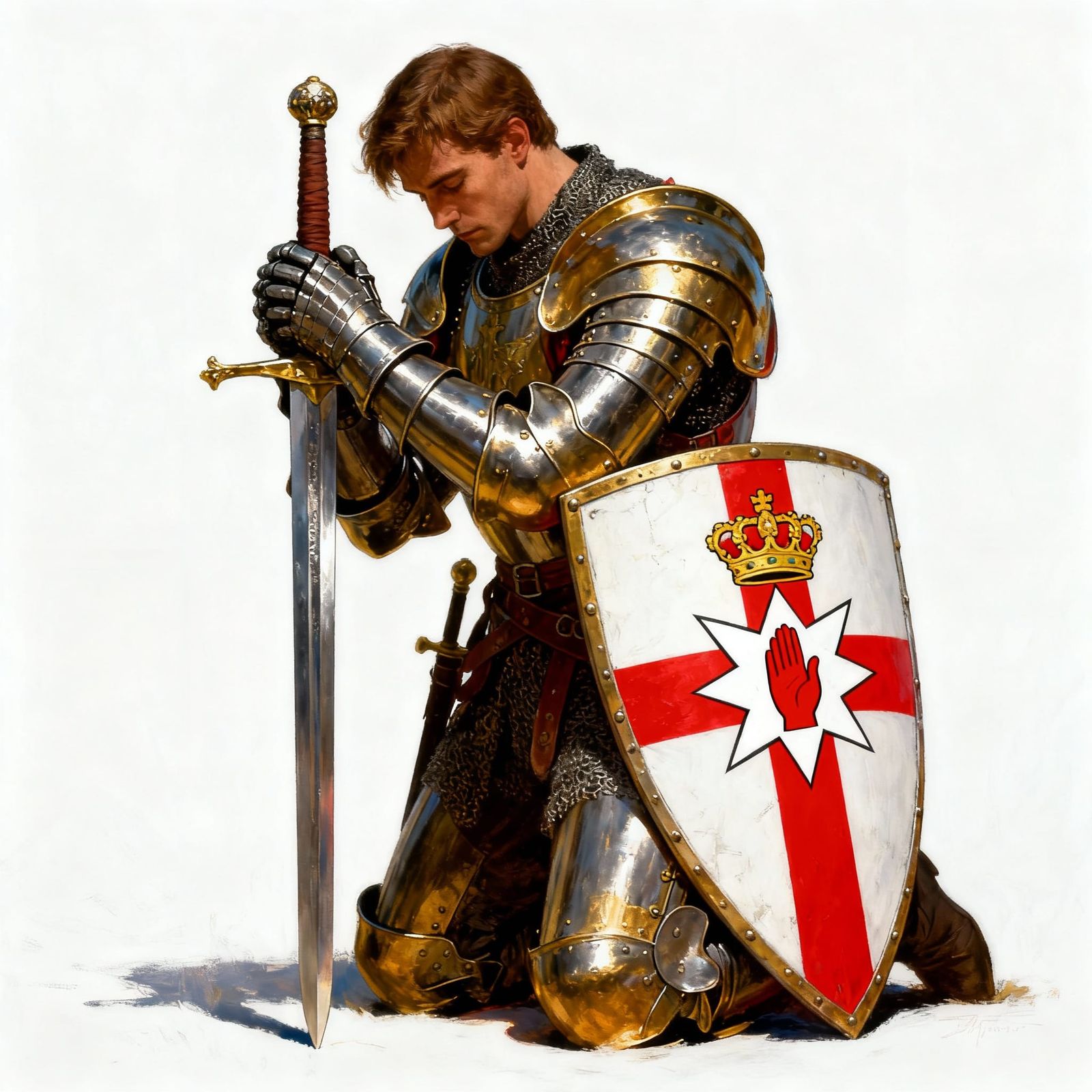 Devout Knight Kneeling in Prayer with Ulster Flag