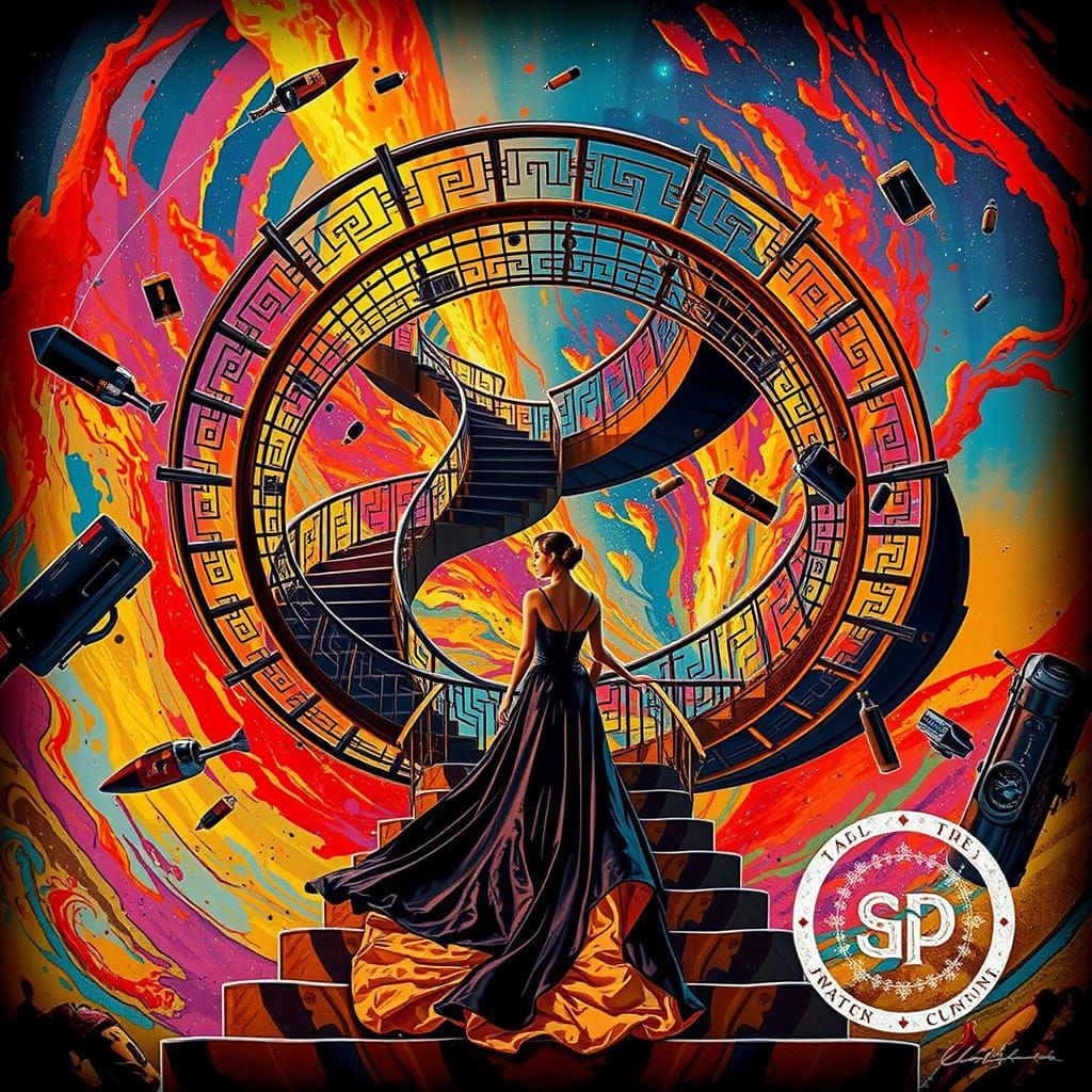 Elegant Woman on Abstract Staircase in Art Deco Style