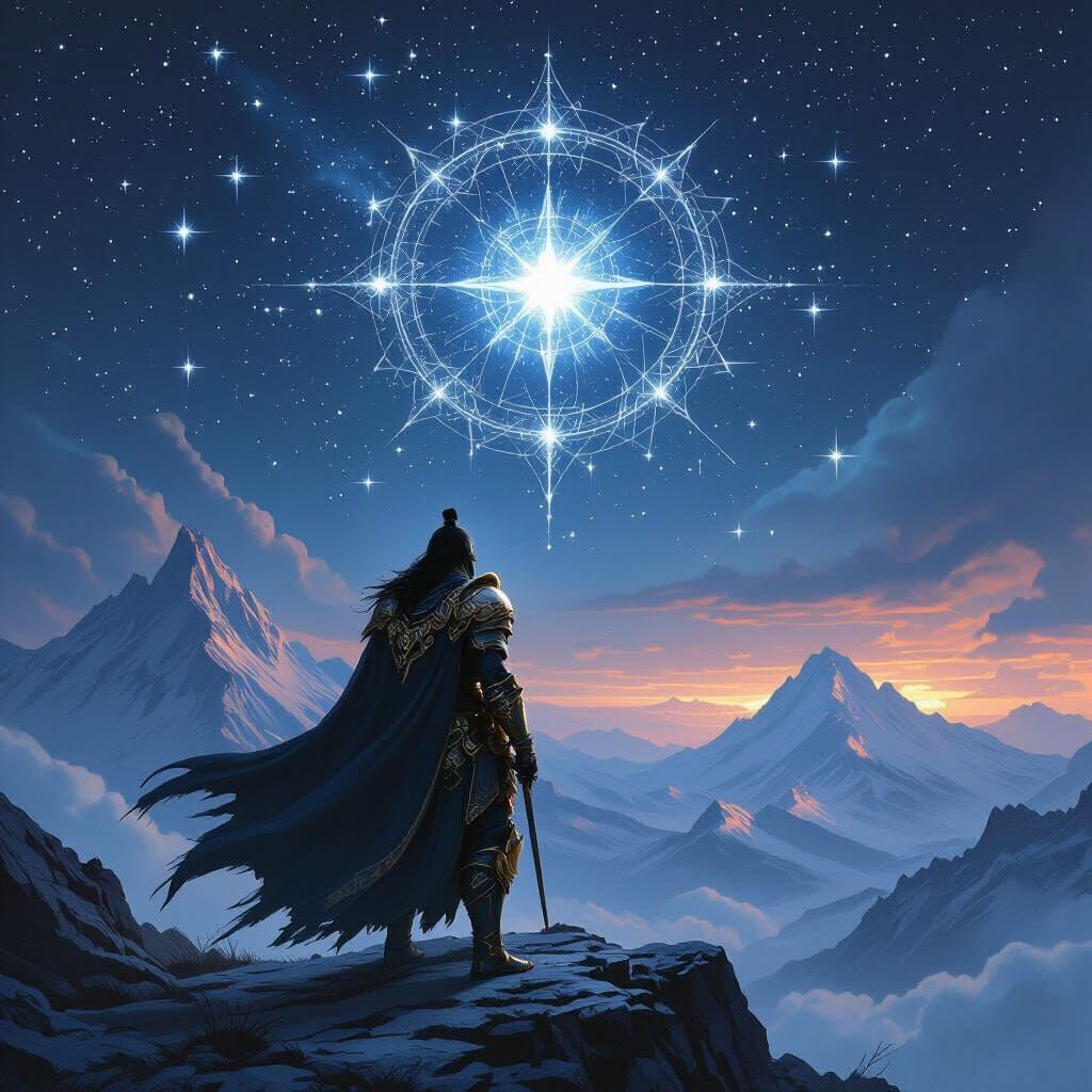 Heroic Warrior on Mountain Peak Under Celestial Event
