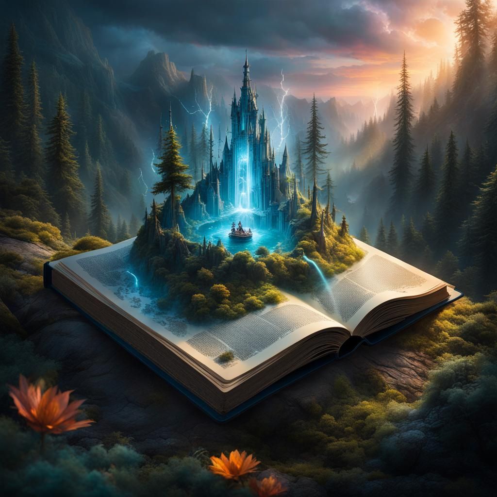 Miniature sci-fi wonderland fantasy forest coming out of an open book, hyper detailed, hyper intricate colorful fairies,...