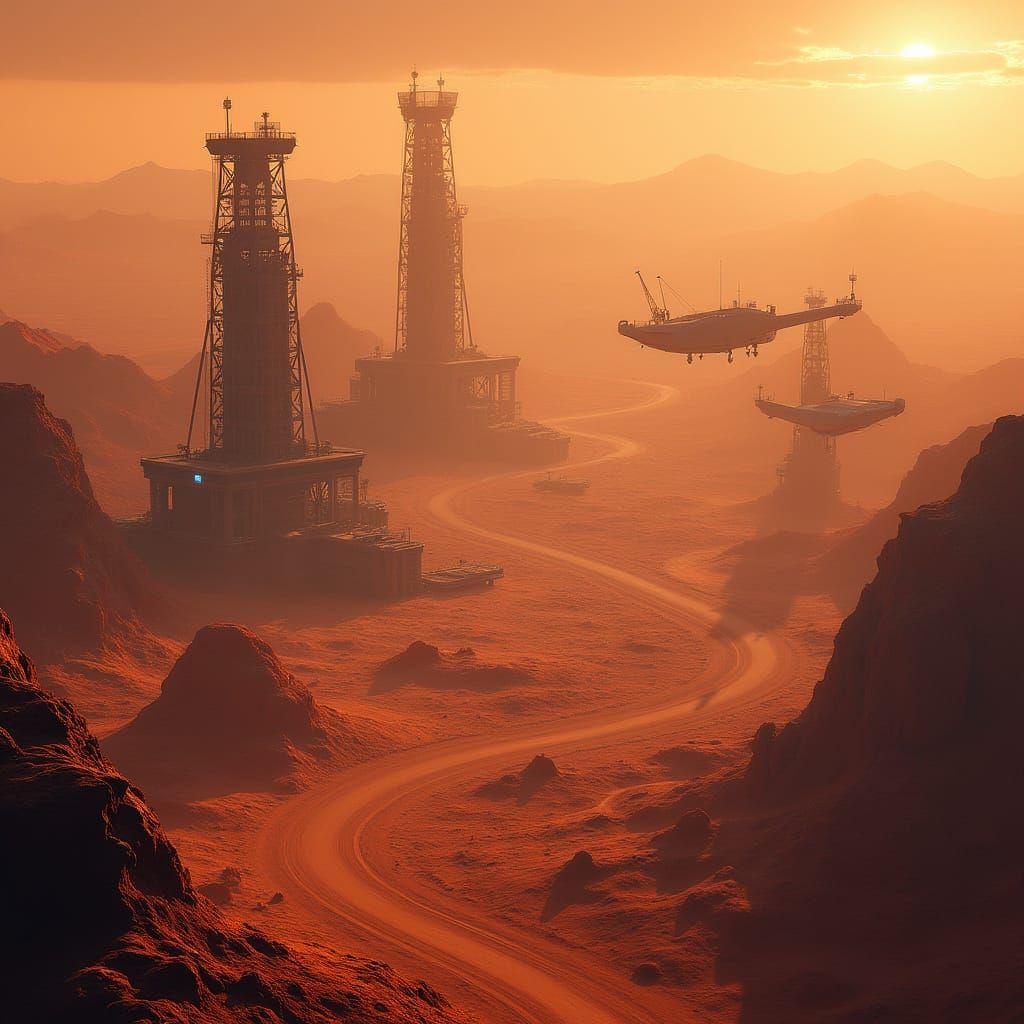 Martian Mining Facilities at Sunset: Sci-Fi Concept Art