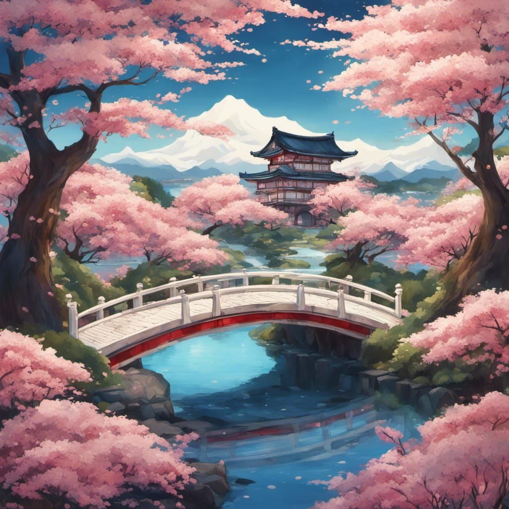 Ivory Japanese Bridge in Fantasy Landscape