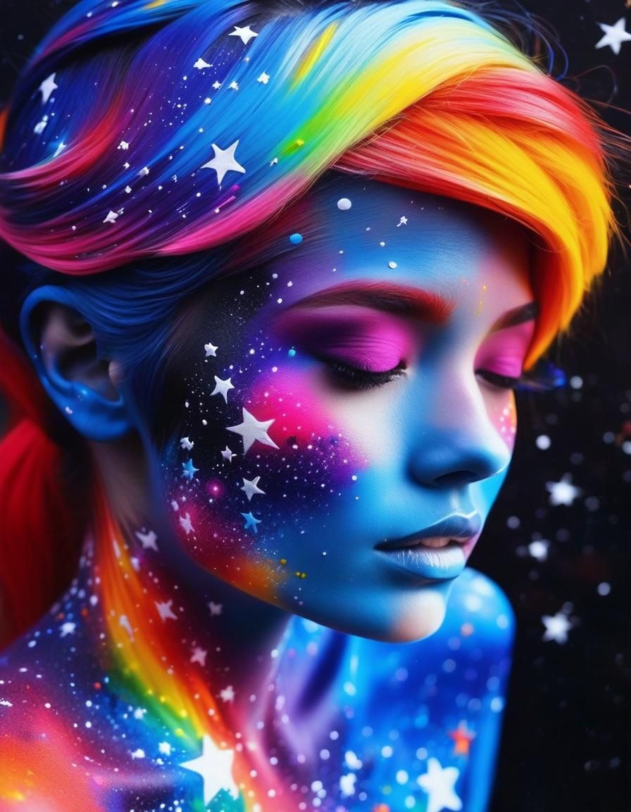 Galaxy Body Painting: Graffiti Art with Shooting Star Hair