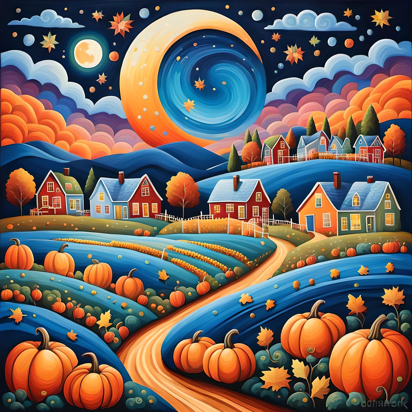 Folk Art Octoberfest Painting with Harvest Moon