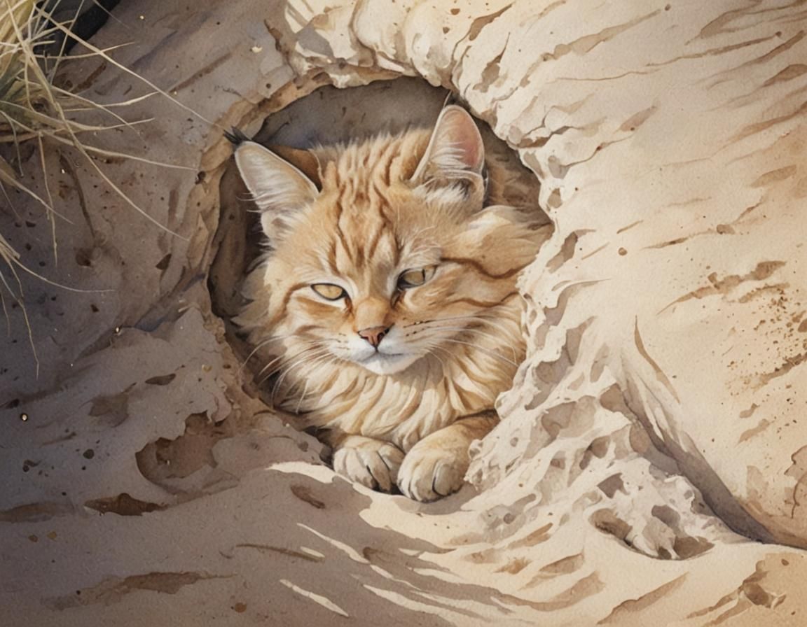 Sand Cat Sleeping in Watercolor Burrow