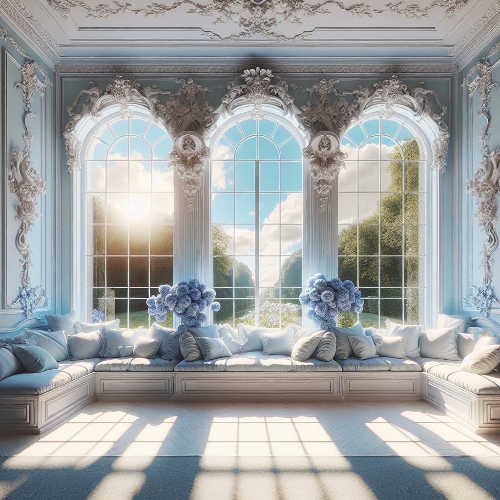 Rococo Mansion Interior with Lavish Windows and Blue Florals