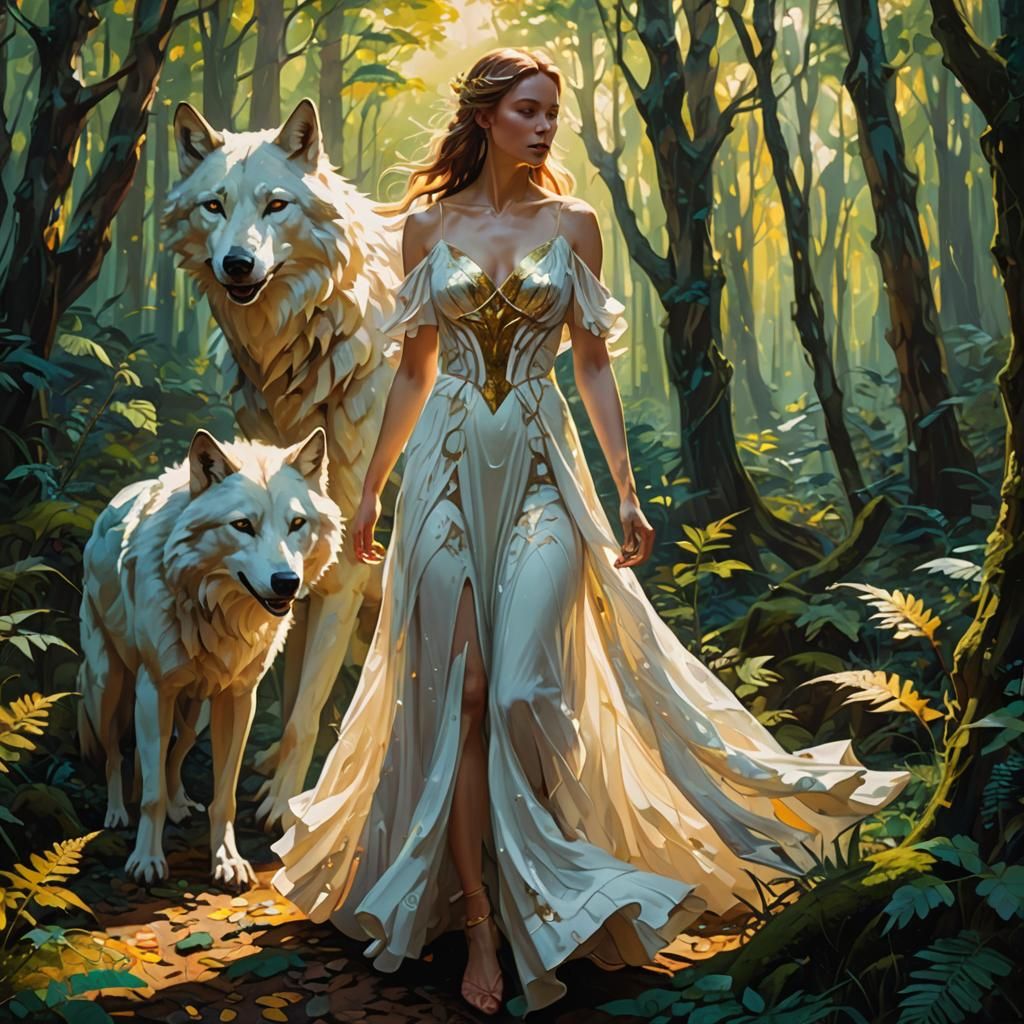 painting of a woman walking a wolf in a dress, stunning art style, kentsugi gold, go old filament, female anthropomorphi...