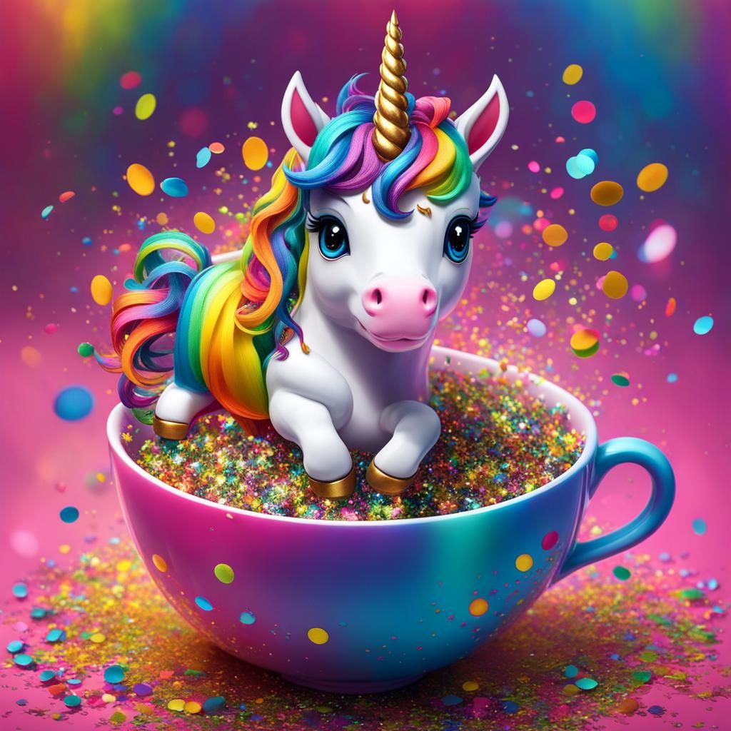 Cute Rainbow Unicorn in Confetti Teacup