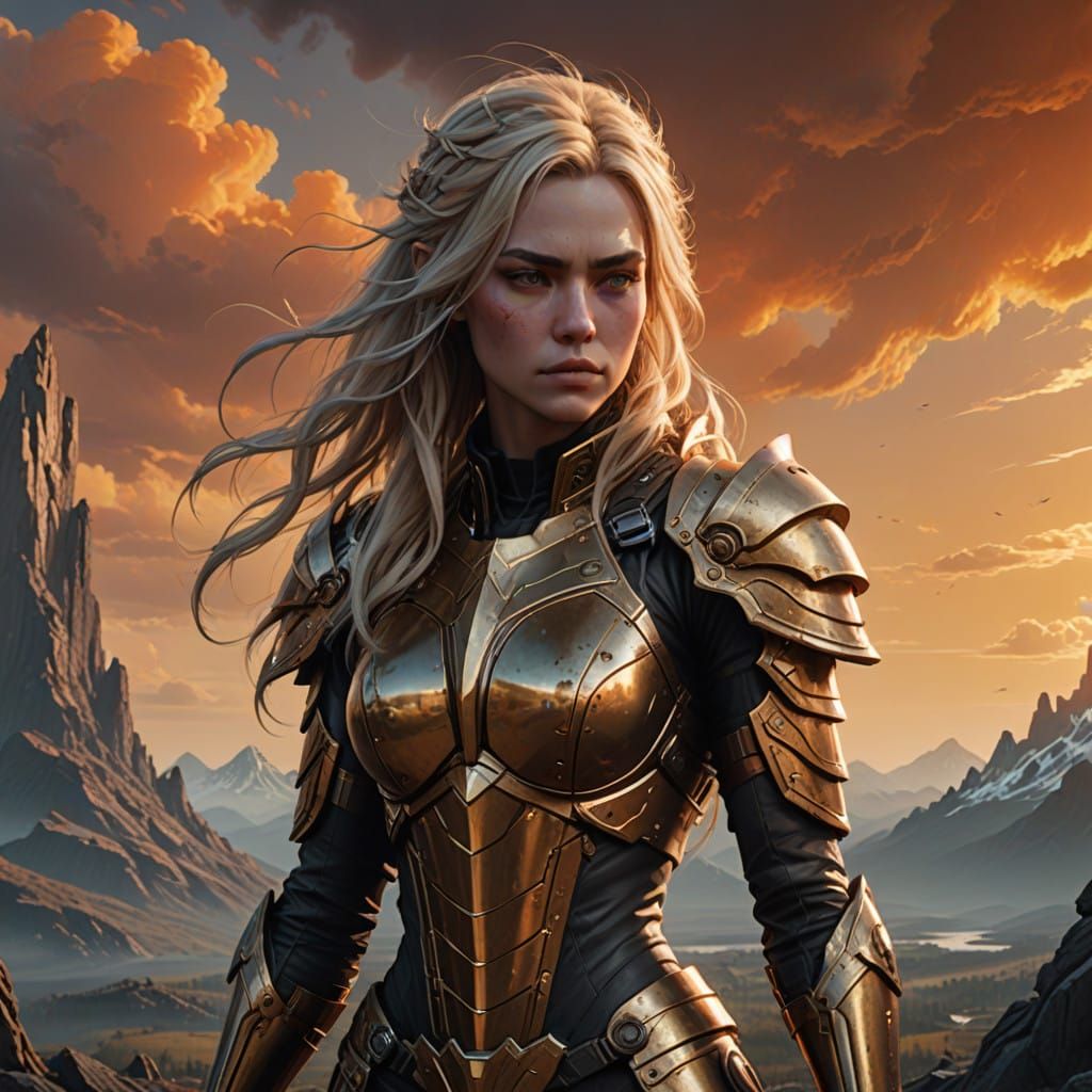 Androgynous Warrior in Fiery Orange Sky