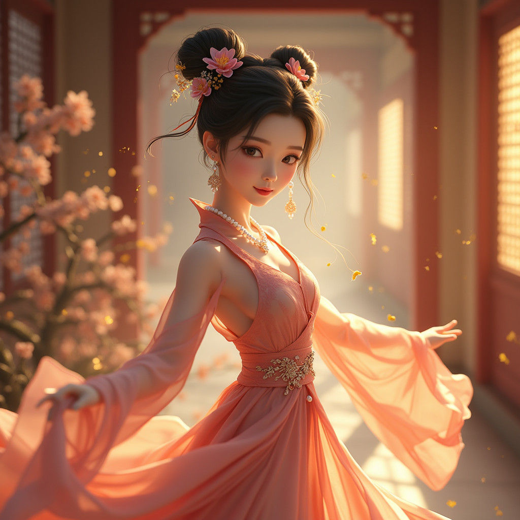 Chinese Beauty Dancing in Palace: 3D Anime Art