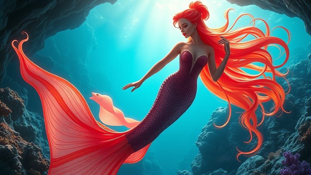 Mermaid and Bioluminescent Eel Dance in Underwater Cave
