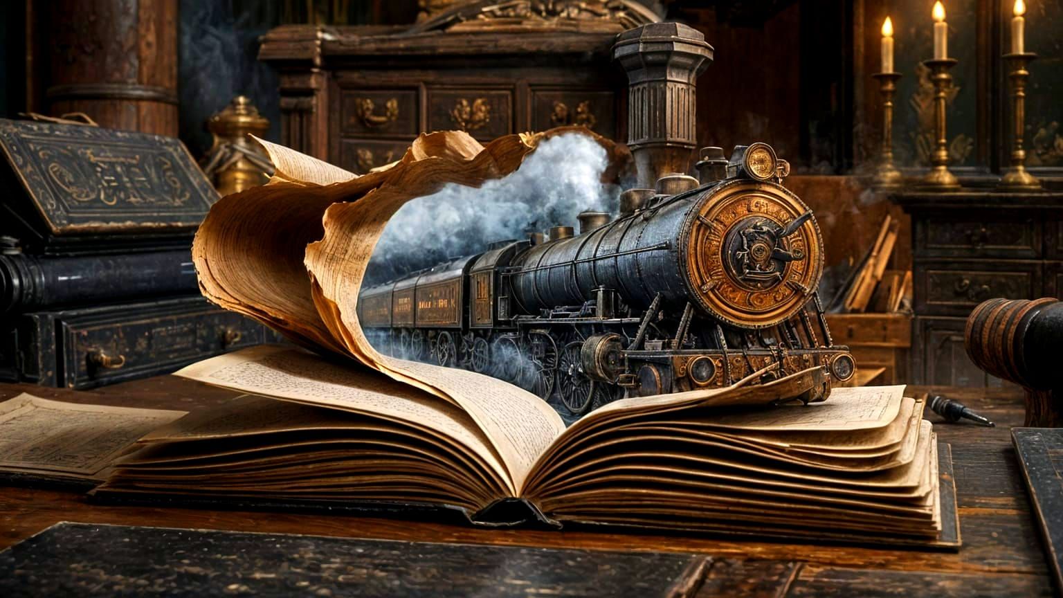 Steam Train Emerges From Torn Notebook on Antique Desk