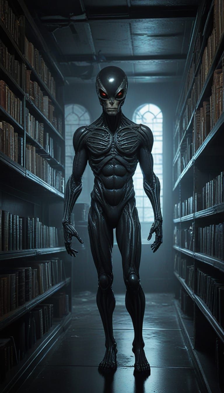 Alien Library with Neon Neuro-Terminals and Holographic Shel...