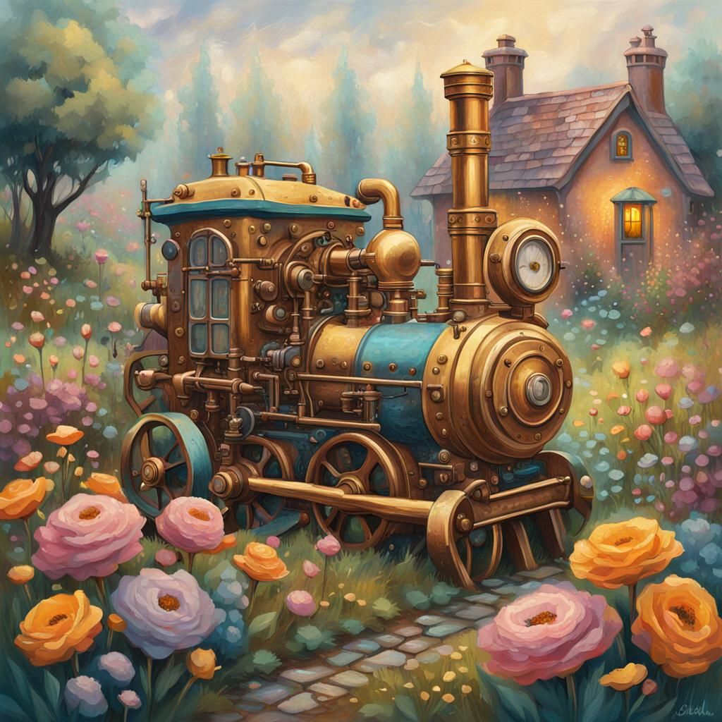 Steampunk Engine in a Colourful Cottage Garden