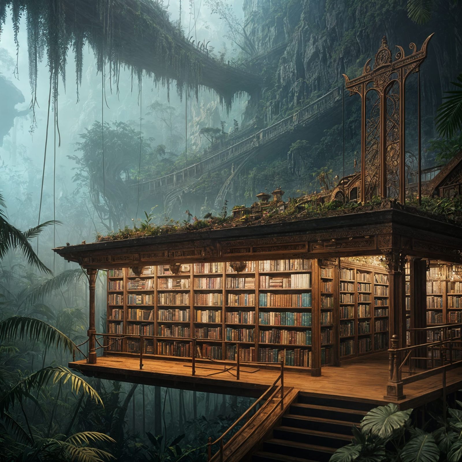 Vintage Bookstore in Jungle: Detailed Matte Painting