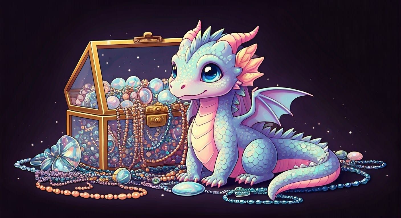Whimsical Chibi Dragon Surrounded by Glowing Glass Jewels in...