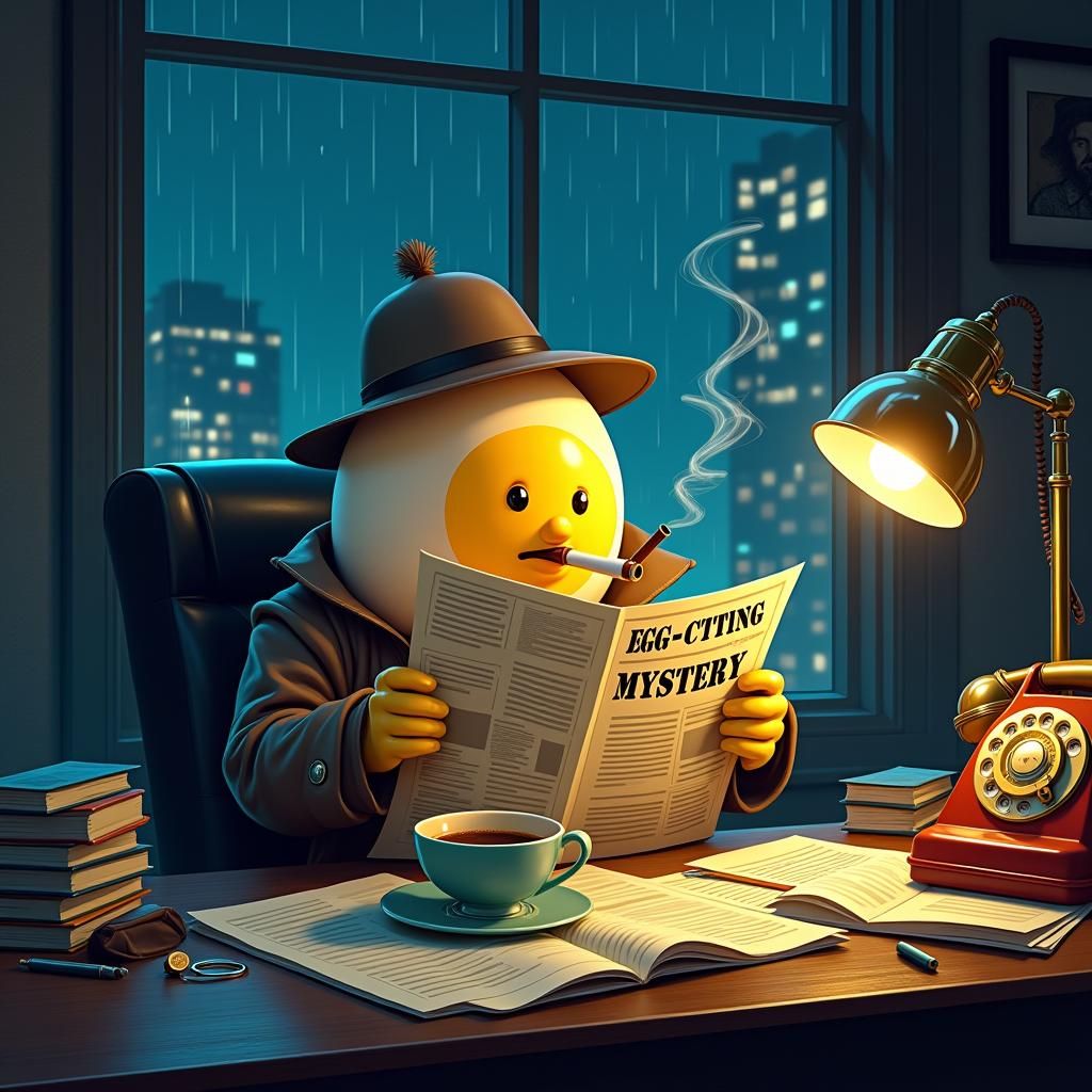 Cartoon Egg Detective Reads Mystery Newspaper