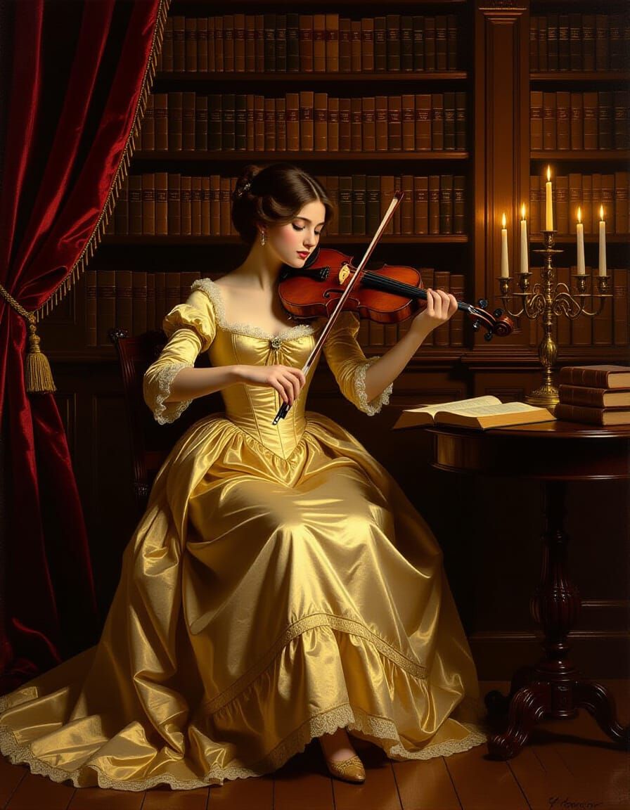 Violinist in Candlelit Library: Classical Realism Oil Painti...