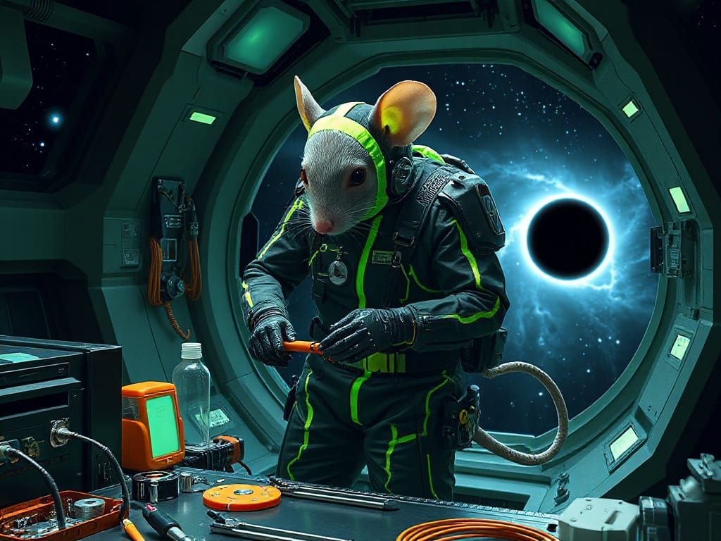 Cyber-Mouse Assembling Parts in Futuristic Asteroid Lab