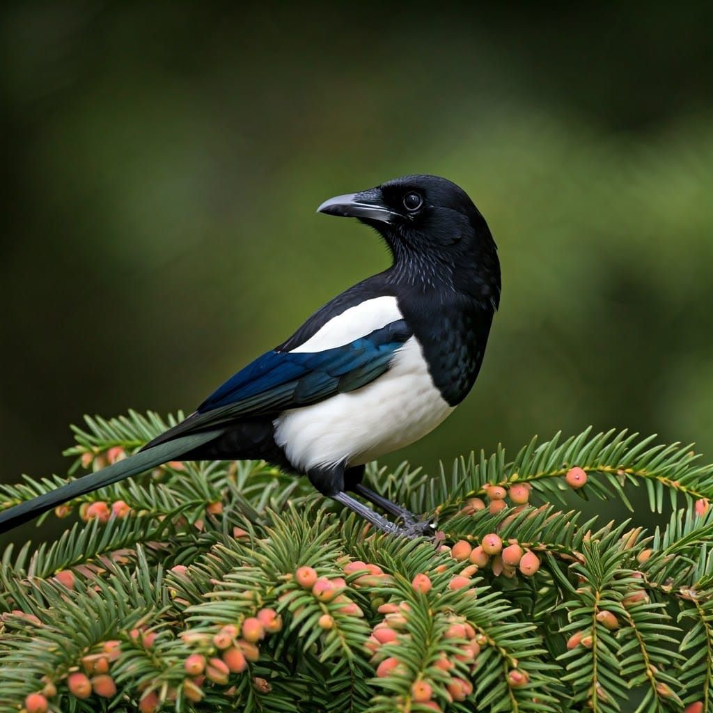 Magpie in Yew Tree with Red Berries