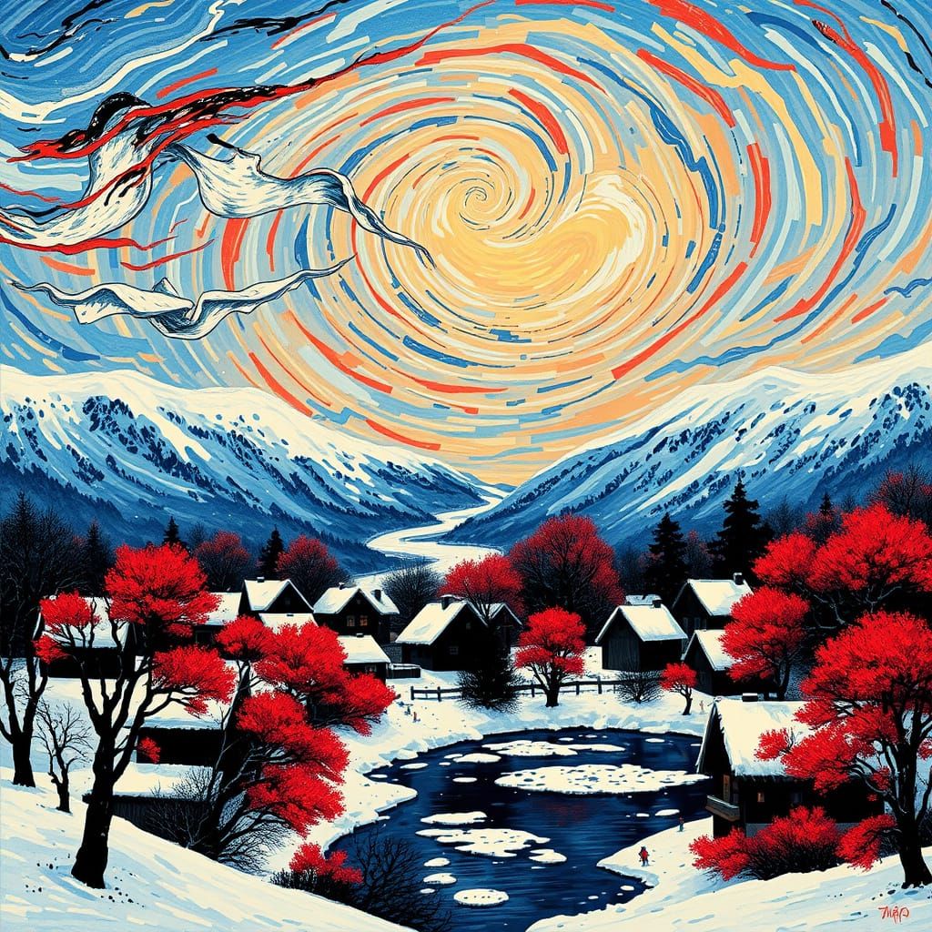 Winter Village in Vibrant Cubist Style