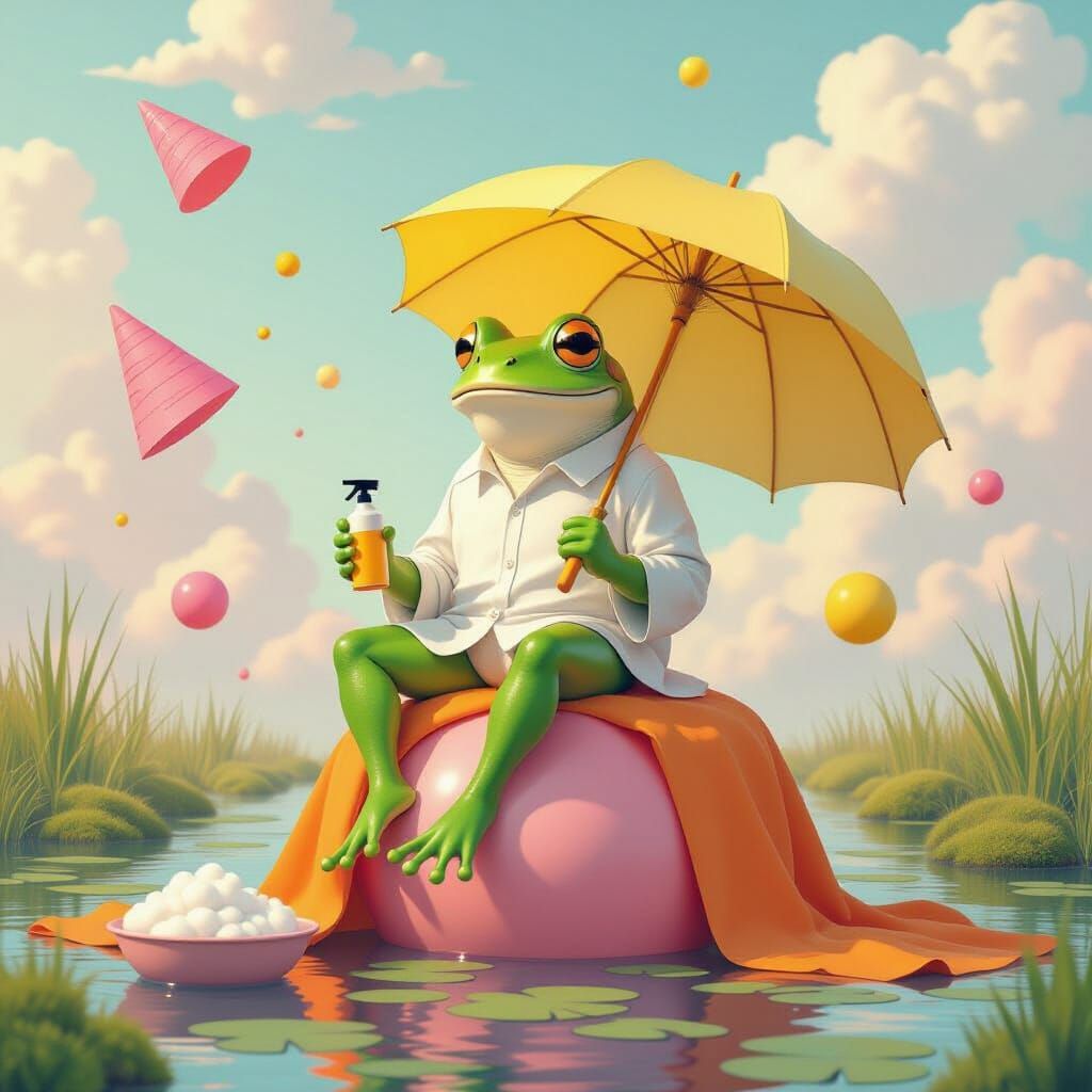 Surreal Frog on a Ball in Dreamlike Setting