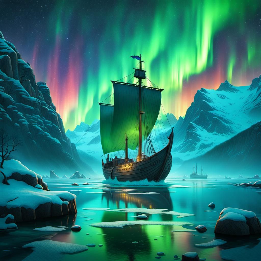 Viking Ship Sails into Mystic Fjord under Ethereal Aurora
