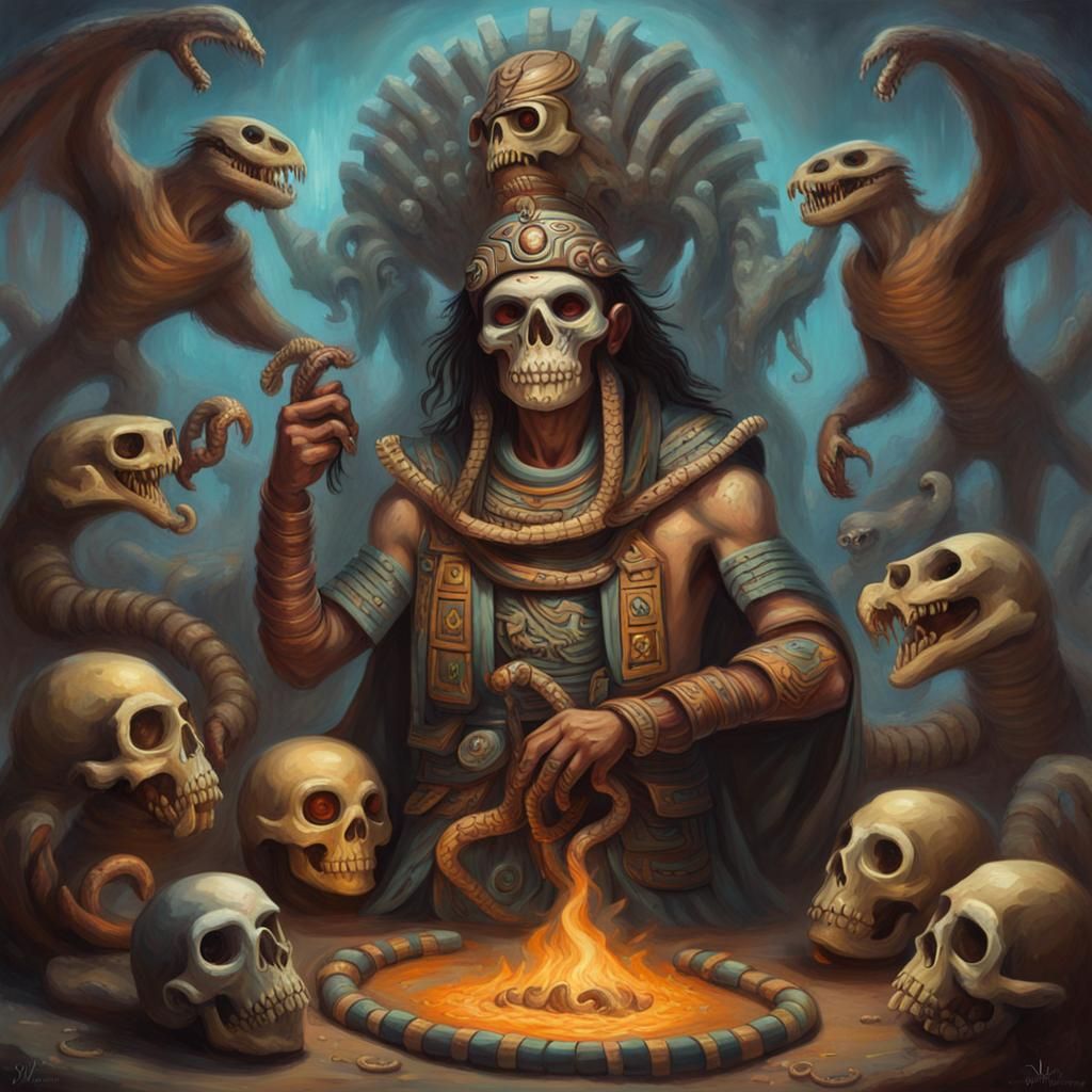 Aztec Lich Summons Undead: An Oil Painting