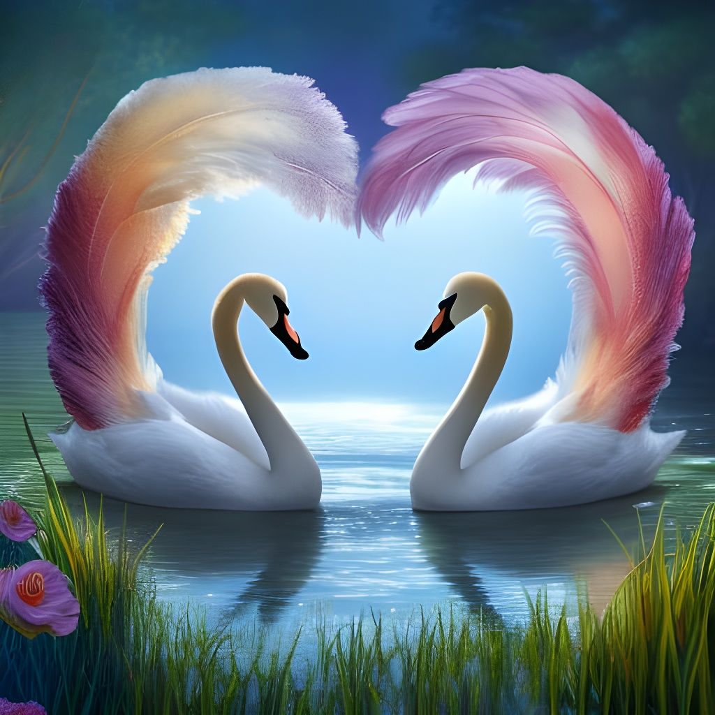 Pixar Style Swans Cuddling in a Magical Lake