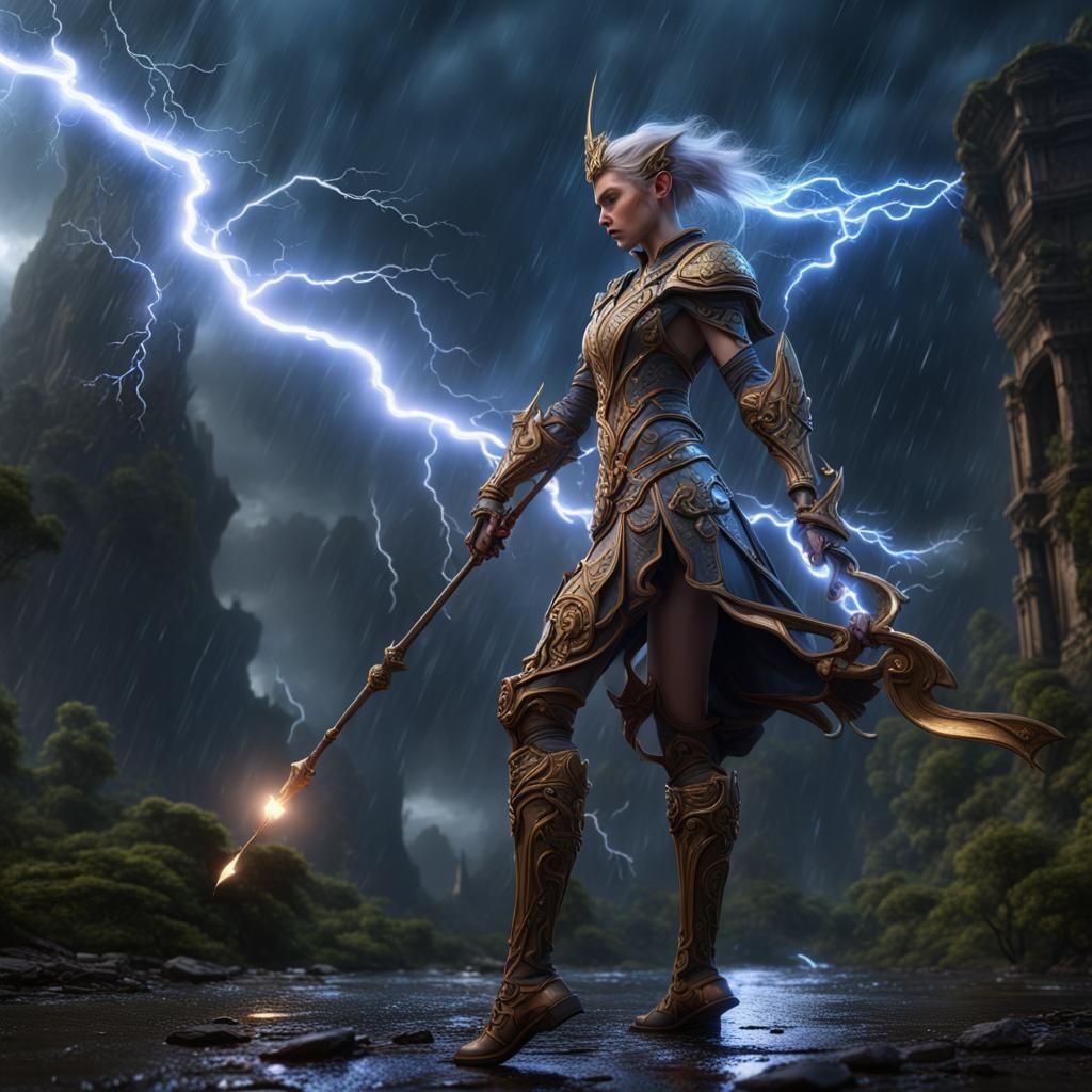 Mechanical Elf Conjuring Lightning in Detailed Digital Art