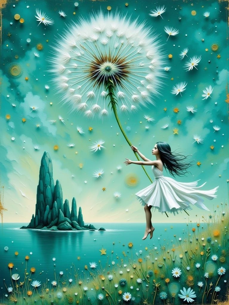 Dreamlike Girl Floating Through the Sky in a Whimsical Scene