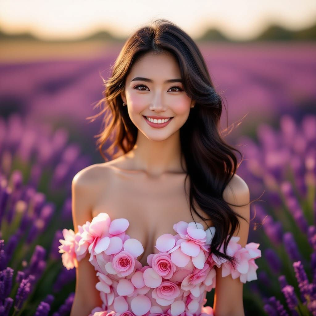 Golden Hour Japanese Woman in Petal Dress
