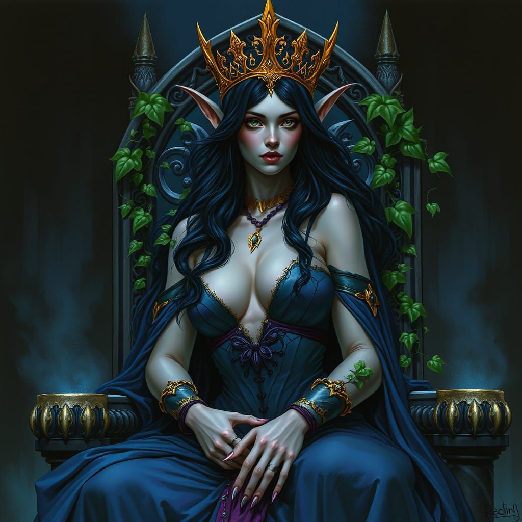 Elven Queen on Throne with Dramatic Lighting