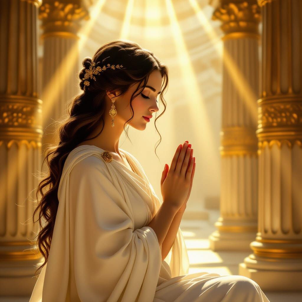 Ancient Roman Woman Praying in Sunlit Temple Oil Painting