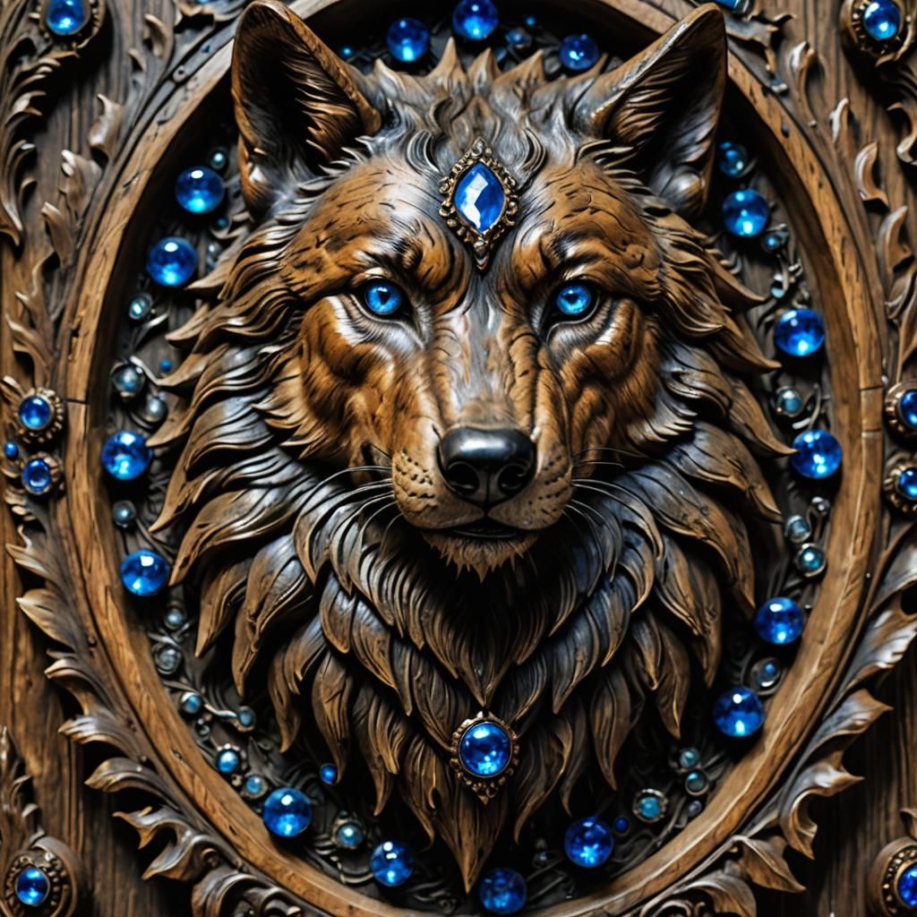Detailed Wooden Wolf Carving with Blue Jewel Eyes