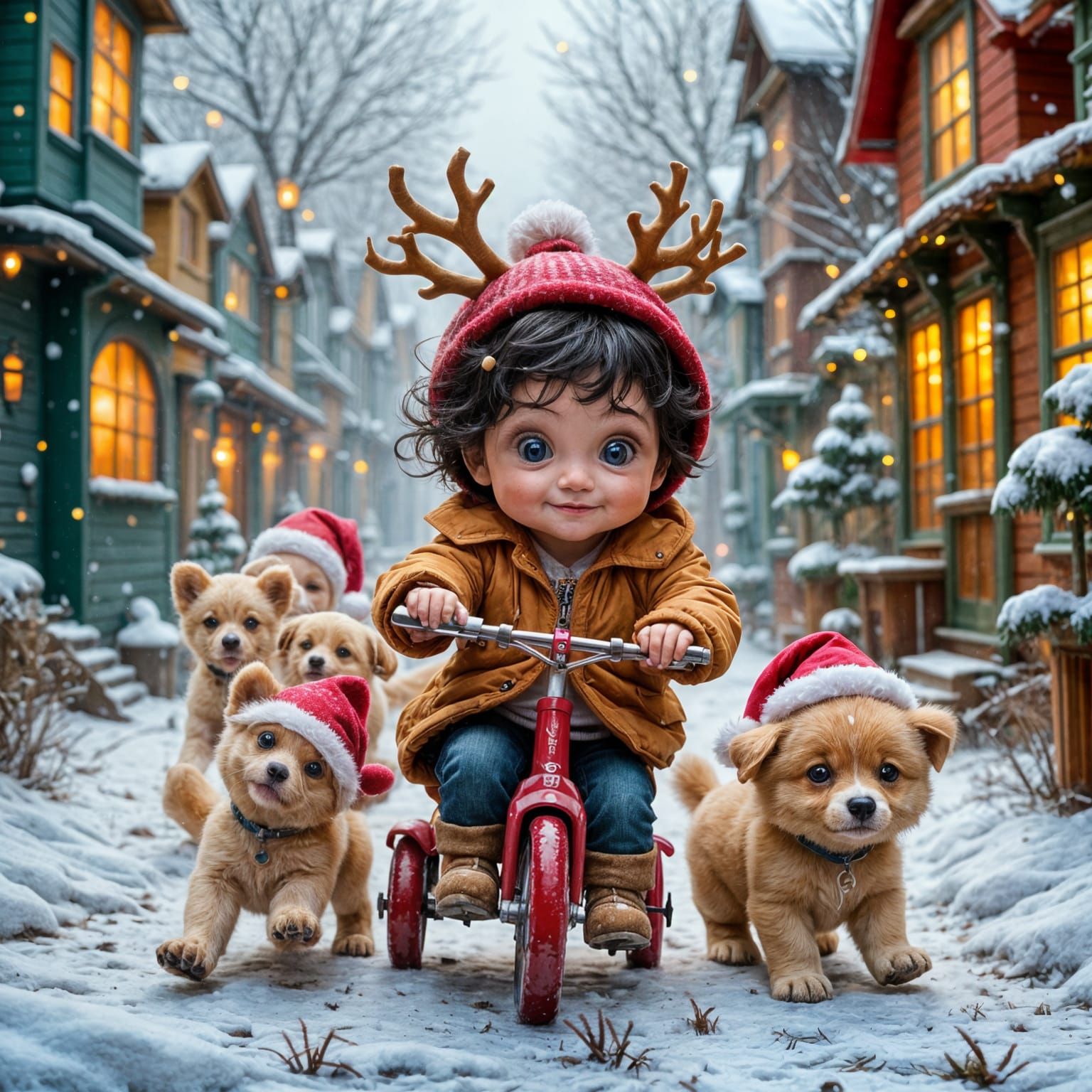 Adorable Toddler Girl Rides Tricycle with Puppies in Snowy W...