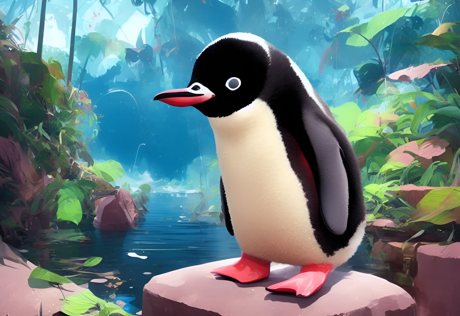 Adorable Baby Penguin Portrait in Jungle, Digital Art