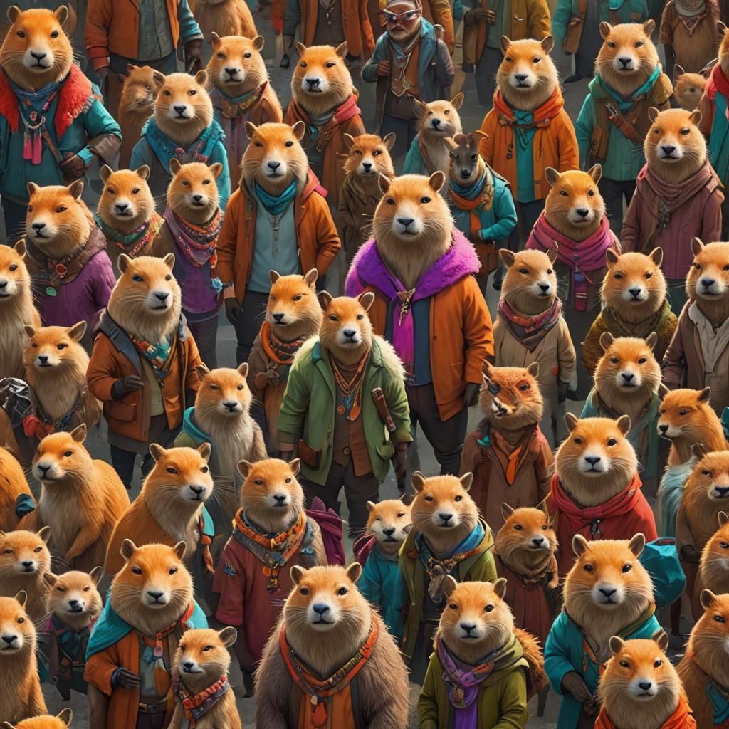 Capybara Fashion Icon Surrounded by Foxes