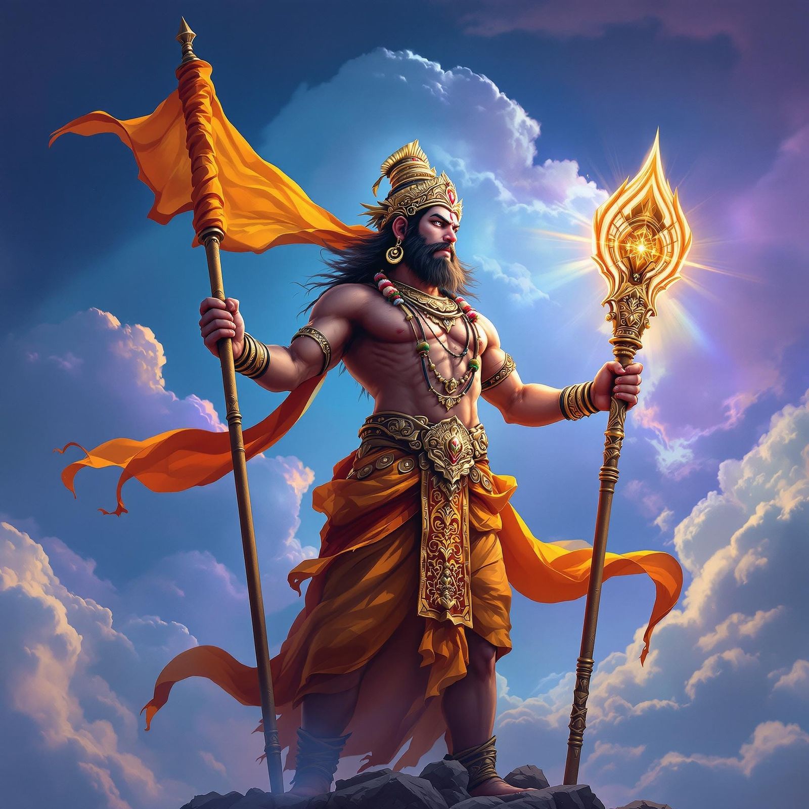 Lord Hanuman with Flag and Mace in Matte Painting Style