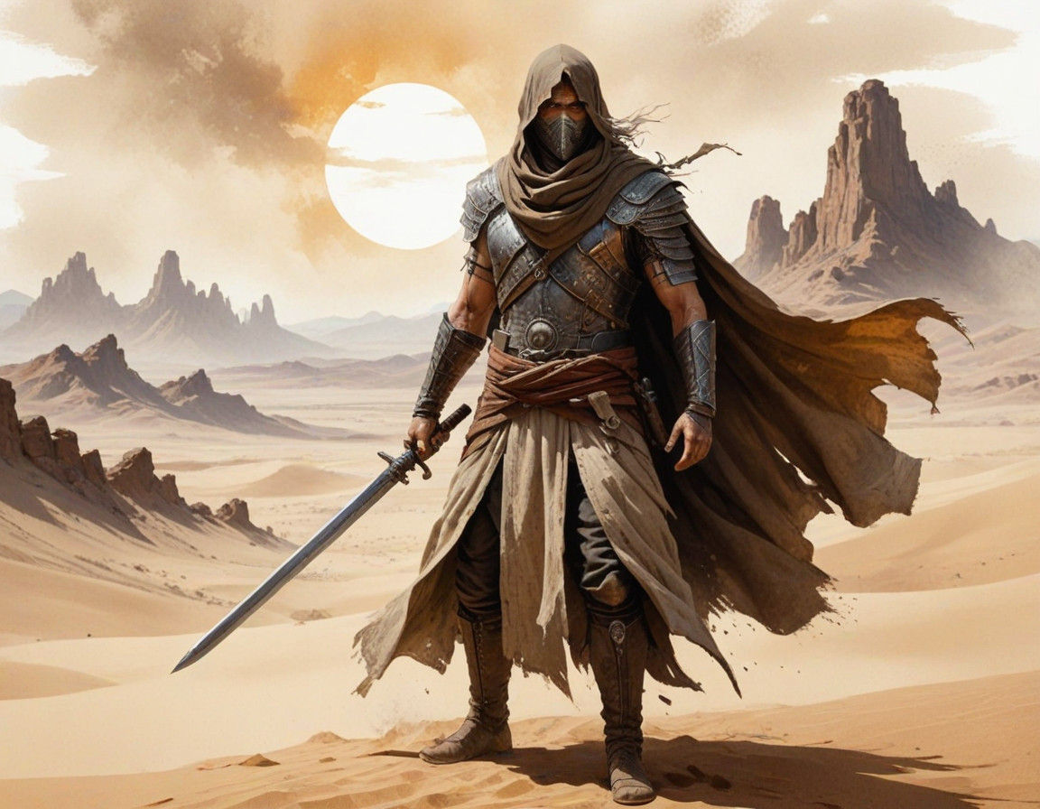 Modern European Ink Painting of a Nomadic Warrior in Majesti...