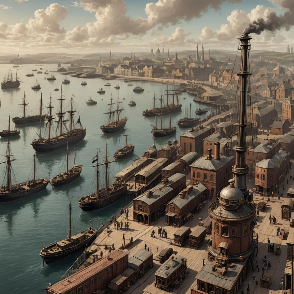 Victorian Steampunk Port Scene with Few Ships