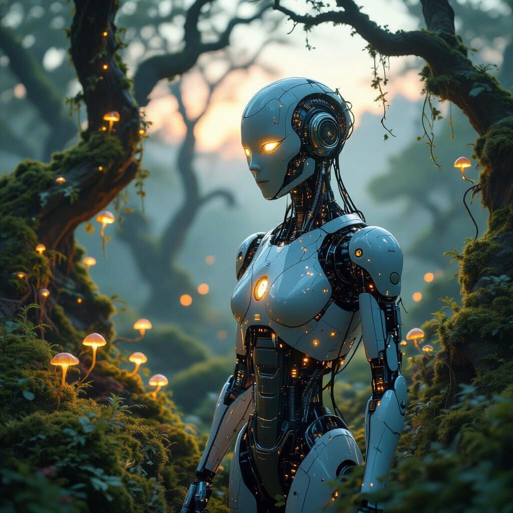 Ethereal Android in Bioluminescent Forest at Twilight