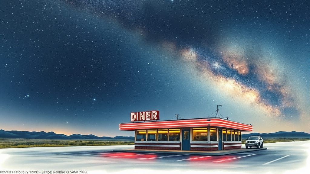 Cosmic Diner Under Starry Sky in Watercolor Style
