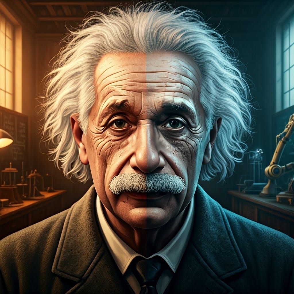 A hyper-realistic portrait of Albert Einstein, styled as if ...