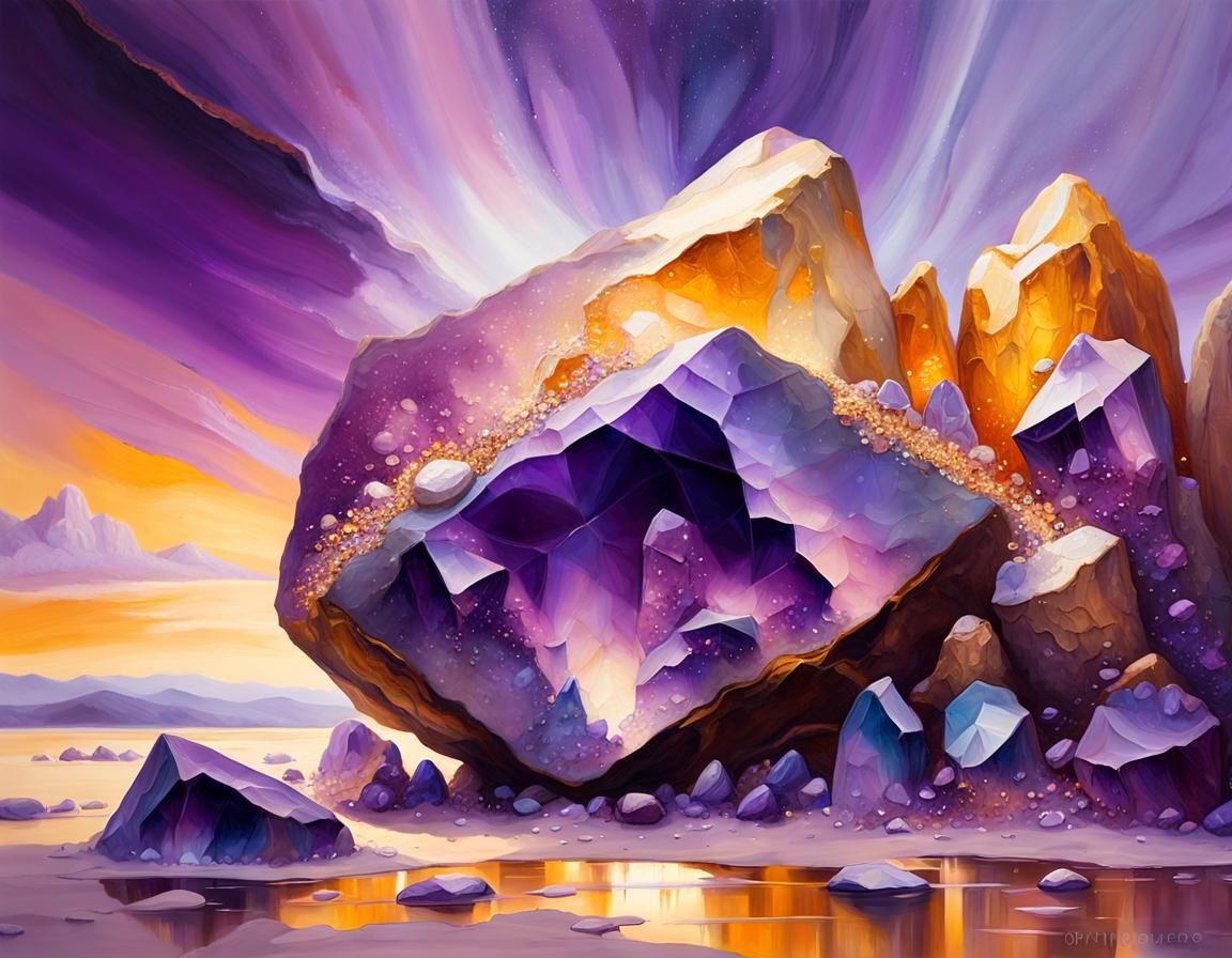 Sparkling Amethyst Boulder: Surreal Macro Oil Painting